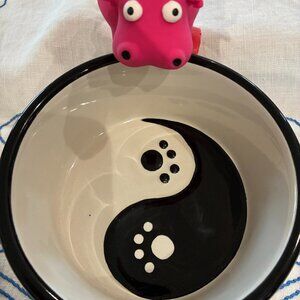 Yin/Yang ceramic dog bowl and toy
